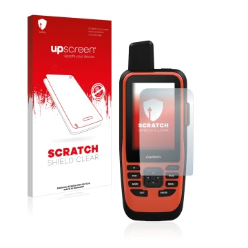 Parte frontale di una confezione del prodotto con il logo del marchio upscreen. Accanto è raffigurato il dispositivo Garmin GP
