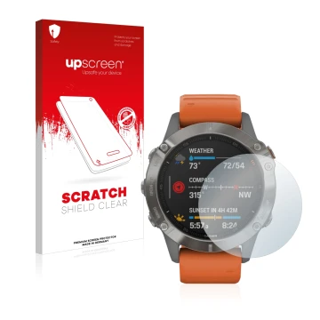 Parte frontale di una confezione del prodotto con il logo del marchio upscreen. Accanto è raffigurato il dispositivo Garmin Fe