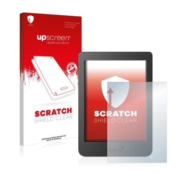 Parte frontale di una confezione del prodotto con il logo del marchio upscreen. Accanto è raffigurato il dispositivo Tolino Pa