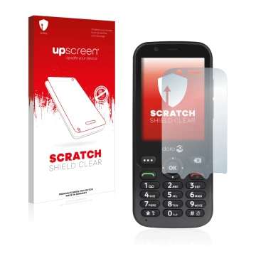 Parte frontale di una confezione del prodotto con il logo del marchio upscreen. Accanto è raffigurato il dispositivo Doro 7010