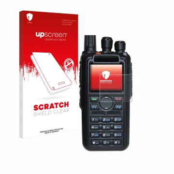 Parte frontale di una confezione del prodotto con il logo del marchio upscreen. Accanto è raffigurato il dispositivo AnyTone A