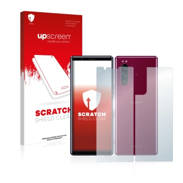 Parte frontale di una confezione del prodotto con il logo del marchio upscreen. Accanto è raffigurato il dispositivo Sony Xper