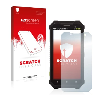 Parte frontale di una confezione del prodotto con il logo del marchio upscreen. Accanto è raffigurato il dispositivo SkyCaddie