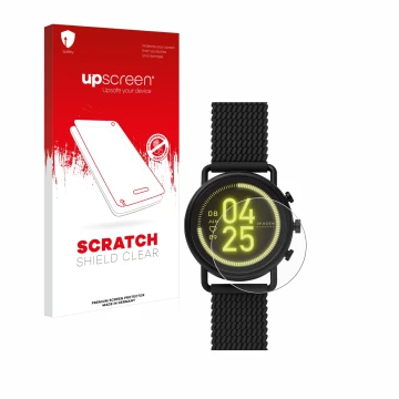 Parte frontale di una confezione del prodotto con il logo del marchio upscreen. Accanto è raffigurato il dispositivo Skagen Sm
