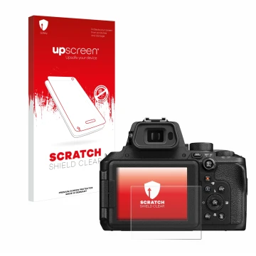 Parte frontale di una confezione del prodotto con il logo del marchio upscreen. Accanto è raffigurato il dispositivo Nikon Coo