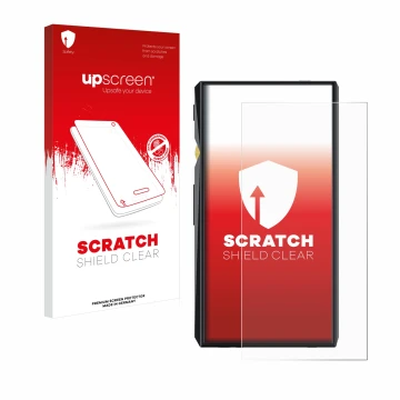 Parte frontale di una confezione del prodotto con il logo del marchio upscreen. Accanto è raffigurato il dispositivo FiiO M11 