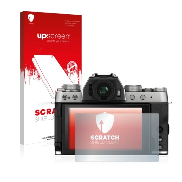 Parte frontale di una confezione del prodotto con il logo del marchio upscreen. Accanto è raffigurato il dispositivo Fujifilm 