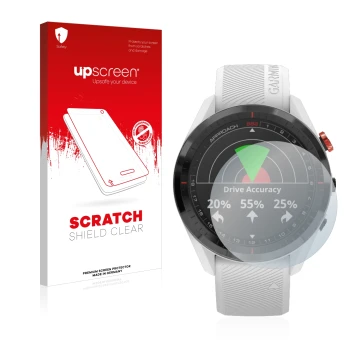 Parte frontale di una confezione del prodotto con il logo del marchio upscreen. Accanto è raffigurato il dispositivo Garmin Ap