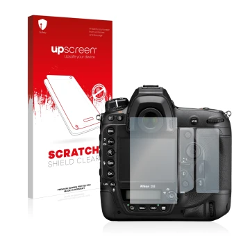 Parte frontale di una confezione del prodotto con il logo del marchio upscreen. Accanto è raffigurato il dispositivo Nikon D6 