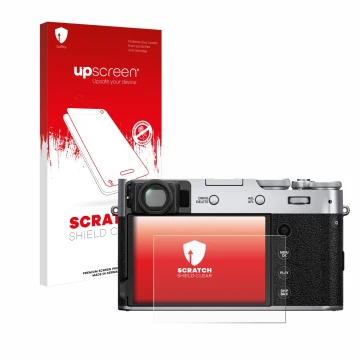 Parte frontale di una confezione del prodotto con il logo del marchio upscreen. Accanto è raffigurato il dispositivo Fujifilm 