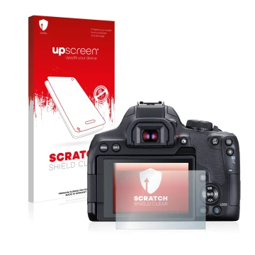 Parte frontale di una confezione del prodotto con il logo del marchio upscreen. Accanto è raffigurato il dispositivo Canon EOS