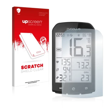 Parte frontale di una confezione del prodotto con il logo del marchio upscreen. Accanto è raffigurato il dispositivo Cycplus M