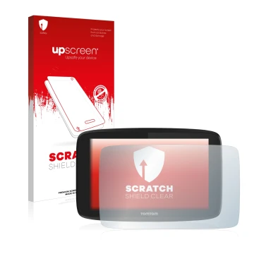 Parte frontale di una confezione del prodotto con il logo del marchio upscreen. Accanto è raffigurato il dispositivo TomTom Go