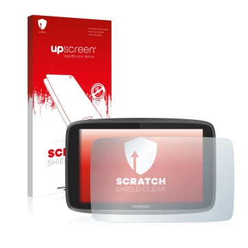 Parte frontale di una confezione del prodotto con il logo del marchio upscreen. Accanto è raffigurato il dispositivo TomTom Go