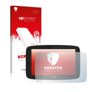 Parte frontale di una confezione del prodotto con il logo del marchio upscreen. Accanto è raffigurato il dispositivo TomTom Go