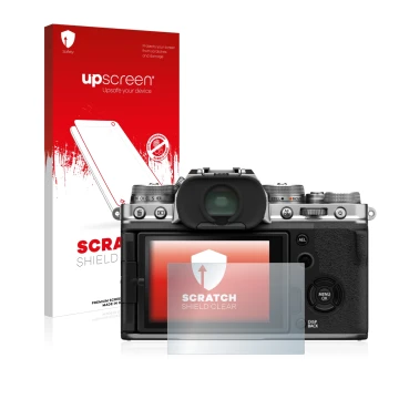 Parte frontale di una confezione del prodotto con il logo del marchio upscreen. Accanto è raffigurato il dispositivo Fujifilm 