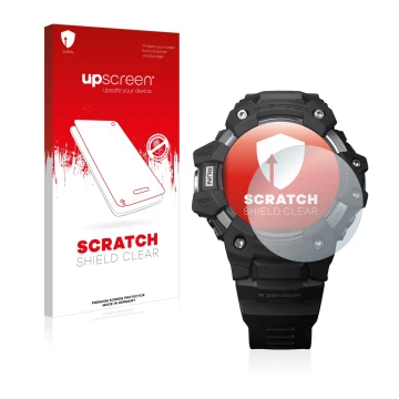 Parte frontale di una confezione del prodotto con il logo del marchio upscreen. Accanto è raffigurato il dispositivo Casio G-S