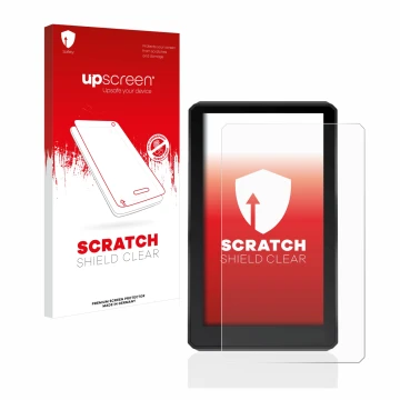 Parte frontale di una confezione del prodotto con il logo del marchio upscreen. Accanto è raffigurato il dispositivo Garmin zu