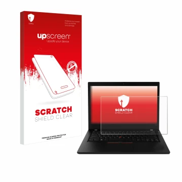 Parte frontale di una confezione del prodotto con il logo del marchio upscreen. Accanto è raffigurato il dispositivo Lenovo Th