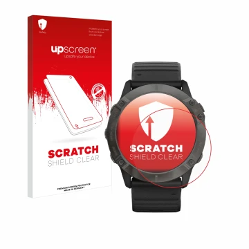 Parte frontale di una confezione del prodotto con il logo del marchio upscreen. Accanto è raffigurato il dispositivo Garmin Fe