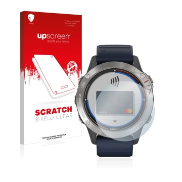 Parte frontale di una confezione del prodotto con il logo del marchio upscreen. Accanto è raffigurato il dispositivo Garmin qu