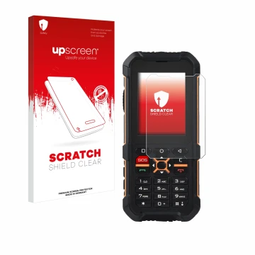 Parte frontale di una confezione del prodotto con il logo del marchio upscreen. Accanto è raffigurato il dispositivo RugGear R