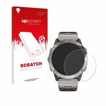 Parte frontale di una confezione del prodotto con il logo del marchio upscreen. Accanto è raffigurato il dispositivo Garmin qu
