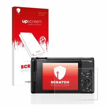 Parte frontale di una confezione del prodotto con il logo del marchio upscreen. Accanto è raffigurato il dispositivo Sony ZV-1