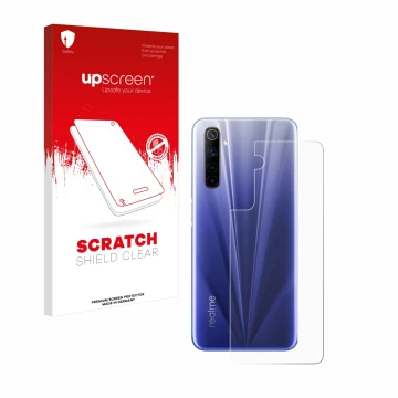 Parte frontale di una confezione del prodotto con il logo del marchio upscreen. Accanto è raffigurato il dispositivo realme 6 