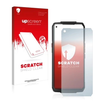 Parte frontale di una confezione del prodotto con il logo del marchio upscreen. Accanto è raffigurato il dispositivo Oukitel W