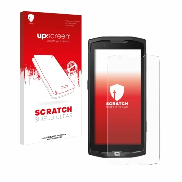 Parte frontale di una confezione del prodotto con il logo del marchio upscreen. Accanto è raffigurato il dispositivo Crosscall