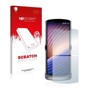 Parte frontale di una confezione del prodotto con il logo del marchio upscreen. Accanto è raffigurato il dispositivo Motorola 