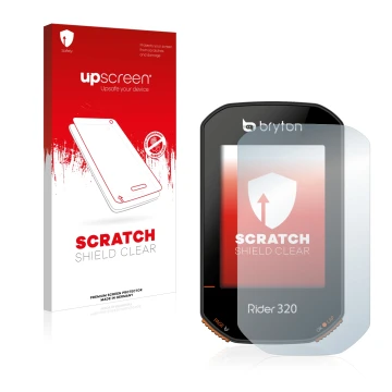 Parte frontale di una confezione del prodotto con il logo del marchio upscreen. Accanto è raffigurato il dispositivo Bryton Ri