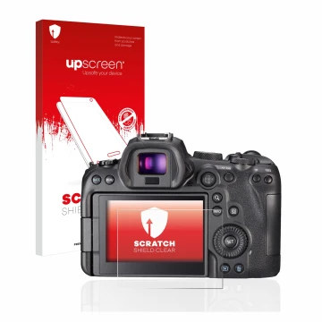 Parte frontale di una confezione del prodotto con il logo del marchio upscreen. Accanto è raffigurato il dispositivo Canon EOS