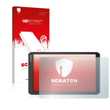 Parte frontale di una confezione del prodotto con il logo del marchio upscreen. Accanto è raffigurato il dispositivo Garmin Ca