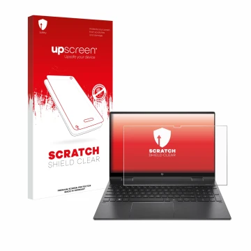 Parte frontale di una confezione del prodotto con il logo del marchio upscreen. Accanto è raffigurato il dispositivo HP Envy x
