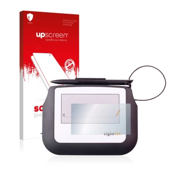 Parte frontale di una confezione del prodotto con il logo del marchio upscreen. Accanto è raffigurato il dispositivo Signotec 