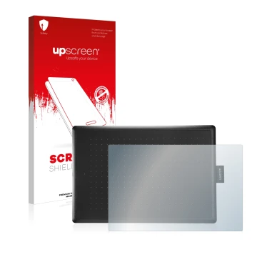 Parte frontale di una confezione del prodotto con il logo del marchio upscreen. Accanto è raffigurato il dispositivo Wacom One