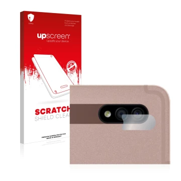 Parte frontale di una confezione del prodotto con il logo del marchio upscreen. Accanto è raffigurato il dispositivo Samsung G