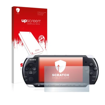 Parte frontale di una confezione del prodotto con il logo del marchio upscreen. Accanto è raffigurato il dispositivo Sony PSP 