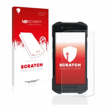 Parte frontale di una confezione del prodotto con il logo del marchio upscreen. Accanto è raffigurato il dispositivo Zebra TC2