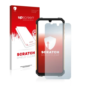 Parte frontale di una confezione del prodotto con il logo del marchio upscreen. Accanto è raffigurato il dispositivo Ulefone A