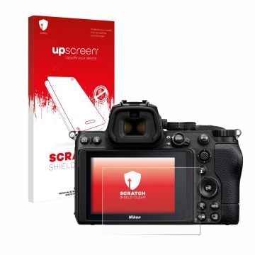 Parte frontale di una confezione del prodotto con il logo del marchio upscreen. Accanto è raffigurato il dispositivo Nikon Z 5