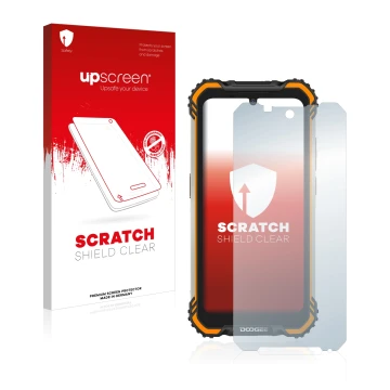 Parte frontale di una confezione del prodotto con il logo del marchio upscreen. Accanto è raffigurato il dispositivo Doogee S5