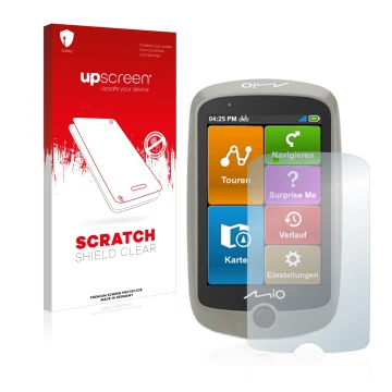 Parte frontale di una confezione del prodotto con il logo del marchio upscreen. Accanto è raffigurato il dispositivo Mitac Mio