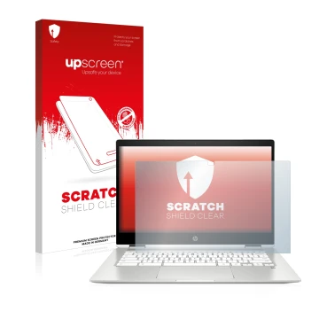 Parte frontale di una confezione del prodotto con il logo del marchio upscreen. Accanto è raffigurato il dispositivo HP Chrome