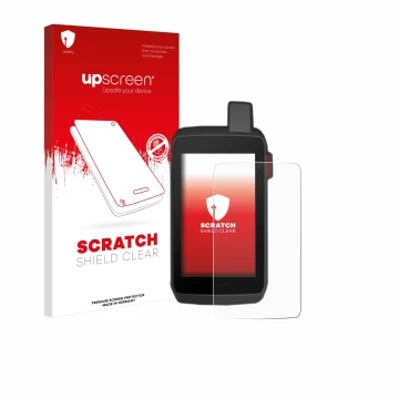 Parte frontale di una confezione del prodotto con il logo del marchio upscreen. Accanto è raffigurato il dispositivo Garmin Mo