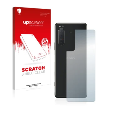 Parte frontale di una confezione del prodotto con il logo del marchio upscreen. Accanto è raffigurato il dispositivo Sony Xper