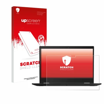 Parte frontale di una confezione del prodotto con il logo del marchio upscreen. Accanto è raffigurato il dispositivo Lenovo Th