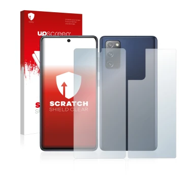 Parte frontale di una confezione del prodotto con il logo del marchio upscreen. Accanto è raffigurato il dispositivo Samsung G